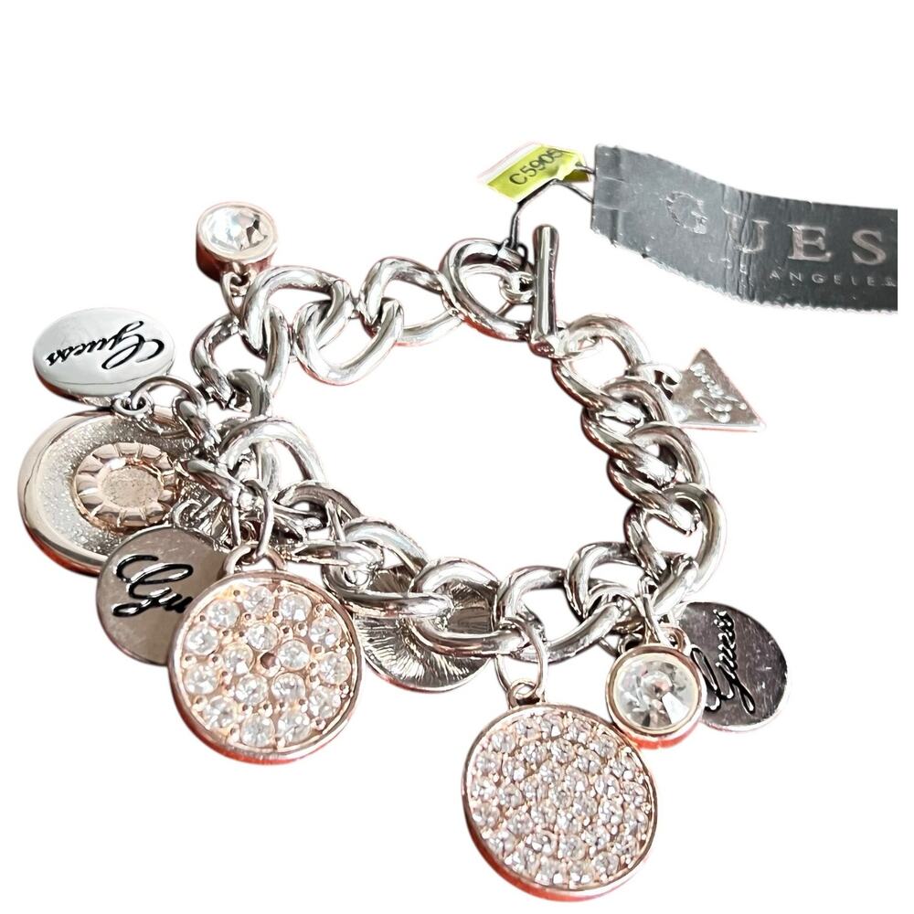 Guess Y2K Charm Link Bracelet Silver Rose Gold Crystal Logo Dangle Modern Glam‎